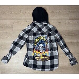 Empyre Black White Plaid Hooded Flannel Button Up Shirt Mens Large Graphic Back